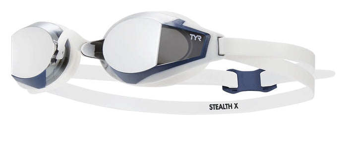 White TYR Stealth X Mirror Racing Goggles with mirrored lenses, designed for competitive swimming and water sports.