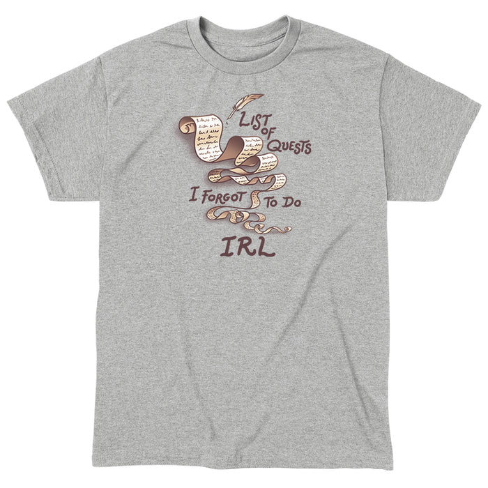 Classic Cotton T-shirt_TeeTurtle Unfinished Quests heather gray t-shirt featuring a long, brownish-tan scroll with script like text giving it a vintage look and a feather quill pen in the top right. "LIST OF QUESTS I FORGOT TO DO IRL" is written around the scroll.