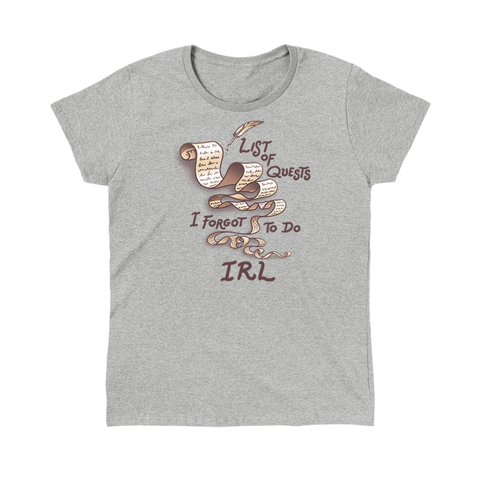 Classic Cotton T-shirt_TeeTurtle Unfinished Quests heather gray t-shirt featuring a long, brownish-tan scroll with script like text giving it a vintage look and a feather quill pen in the top right. "LIST OF QUESTS I FORGOT TO DO IRL" is written around the scroll.