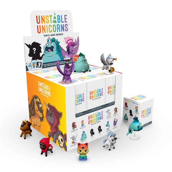 A captivating display box of Unstable Games' Unstable Unicorns: Vinyl Figure Blind Box awaits, teeming with an array of whimsical characters. Each blind box holds a mystery that calls collectors to discover which charming unicorn will join their collection.