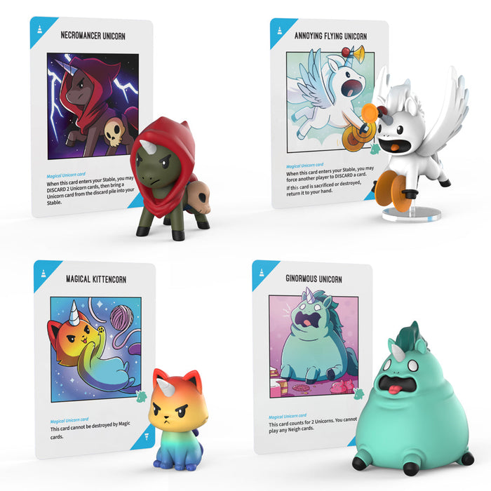Uncover the enchantment of Unstable Unicorns with the Unstable Games' Vinyl Figure Blind Box. Each box features unicorn-themed cards and matching vinyl figures such as Necromancer Unicorn, Annoying Flying Unicorn, Magical Kittencorn, and Ginormous Unicorn. Every blind box unveils unique illustrations and character designs that are sure to captivate collectors.