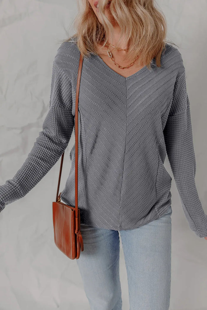 V-Neck Chevron Textured Long Sleeve Top - Tops/Long Tops