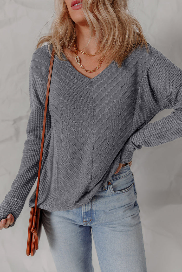 V-Neck Chevron Textured Long Sleeve Top - Tops/Long Tops