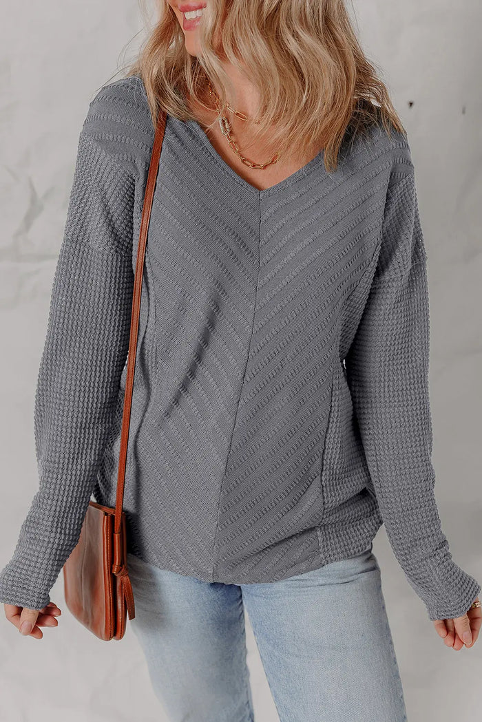 V-Neck Chevron Textured Long Sleeve Top - Tops/Long Tops