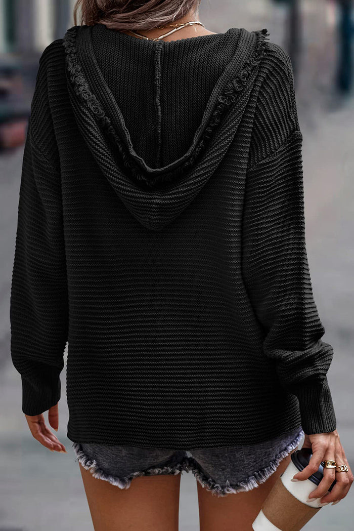 V-Neck Ribbed Drop Shoulder Hooded Sweater - Tops/Sweatshirts & Hoodies