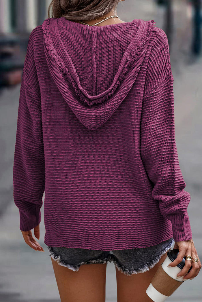 V-Neck Ribbed Drop Shoulder Hooded Sweater - Tops/Sweatshirts & Hoodies