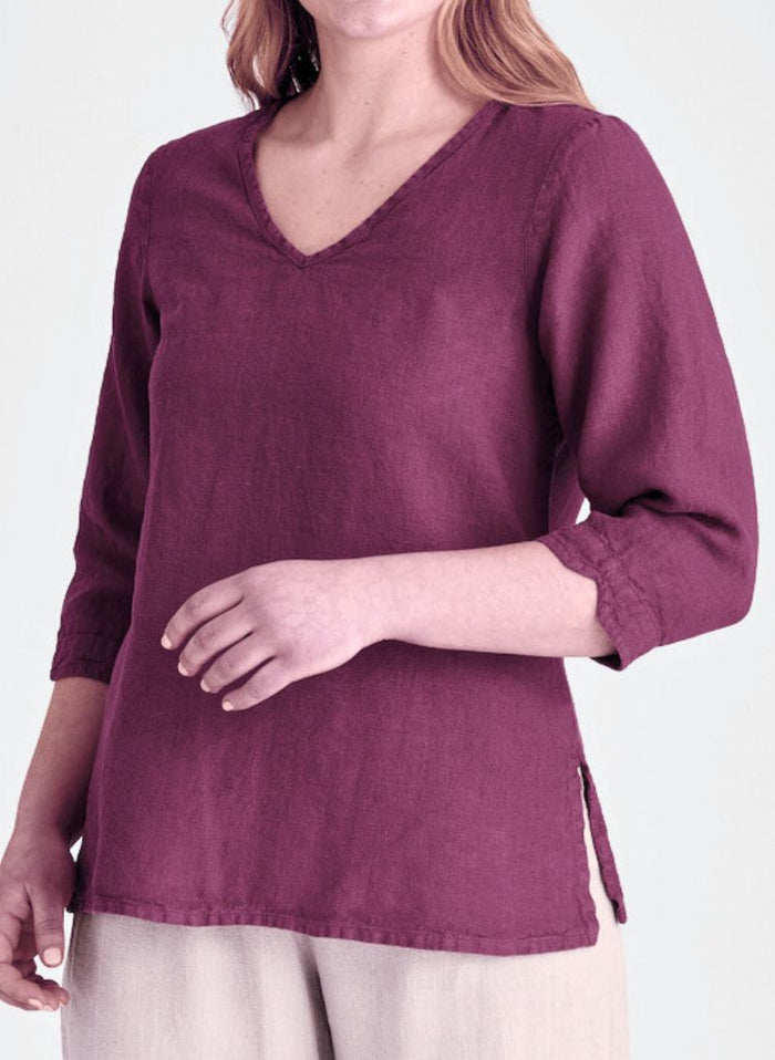 V Pullover, shown in Mulberry, size Small.  This color is "Garment-dyed" for color variation, and a unique washed look.