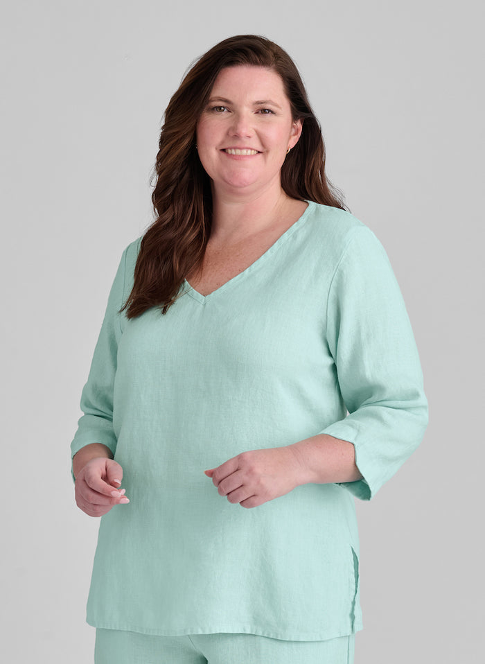 V Pullover, shown in Mint (light mint green), size Medium. 100% European Linen.