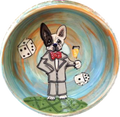 Las Vegas Show Dog French Bulldog in suit and bow tie making a champagne toast with dice rolling hand painted by Debby Carman custom themed dog paintings fun colorful dog bowls with pet portrait from photo