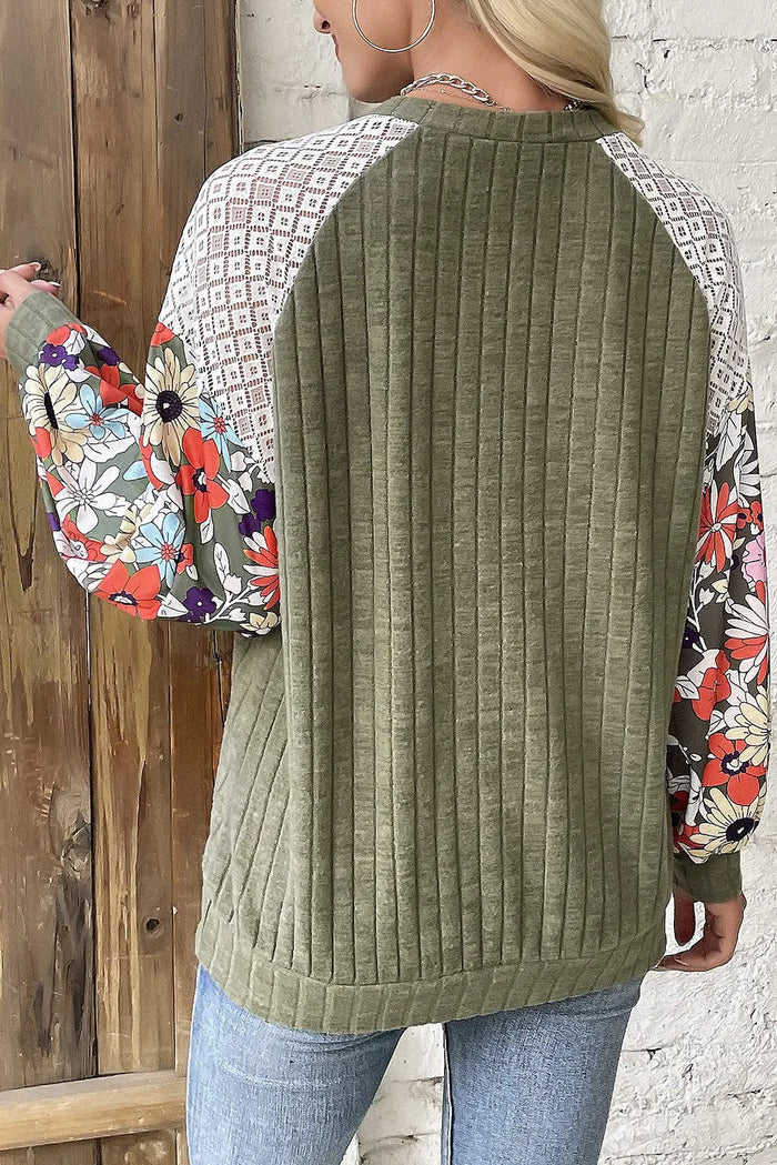 Shop Vineyard Green Plus Size Textured Floral Patchwork Raglan Sleeve Blouse at eAura