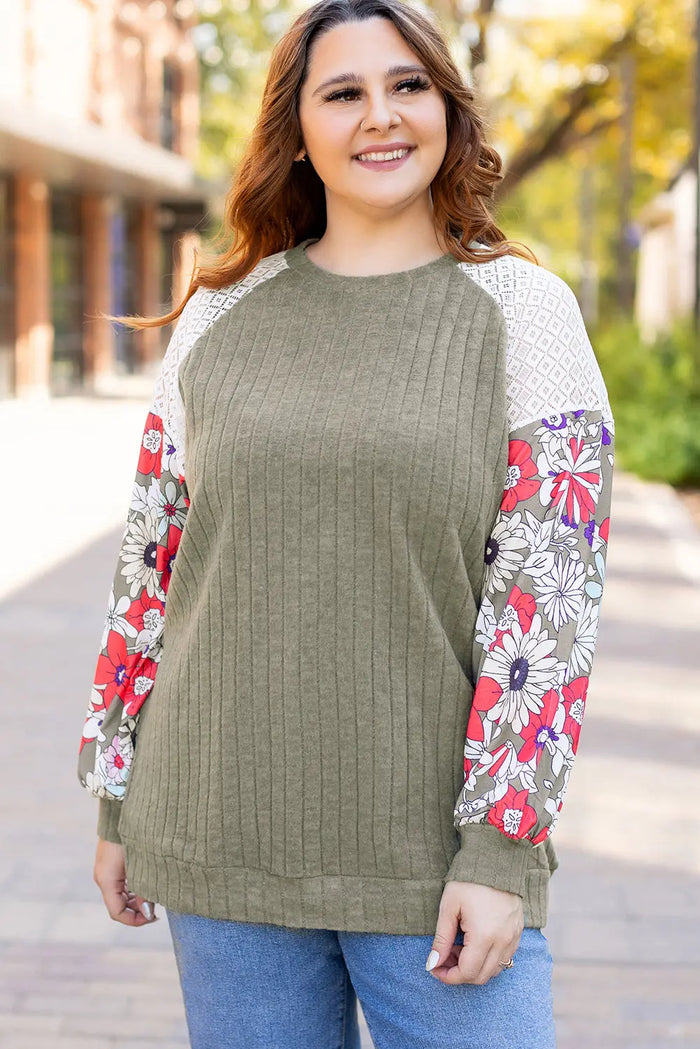 Shop Vineyard Green Plus Size Textured Floral Patchwork Raglan Sleeve Blouse at eAura