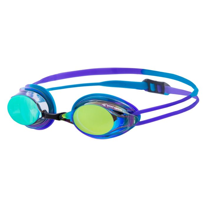 Vorgee Missile Fuze Rainbow Mirror Purple goggles with colorful mirrored lenses and adjustable strap for swimming or water sports.
