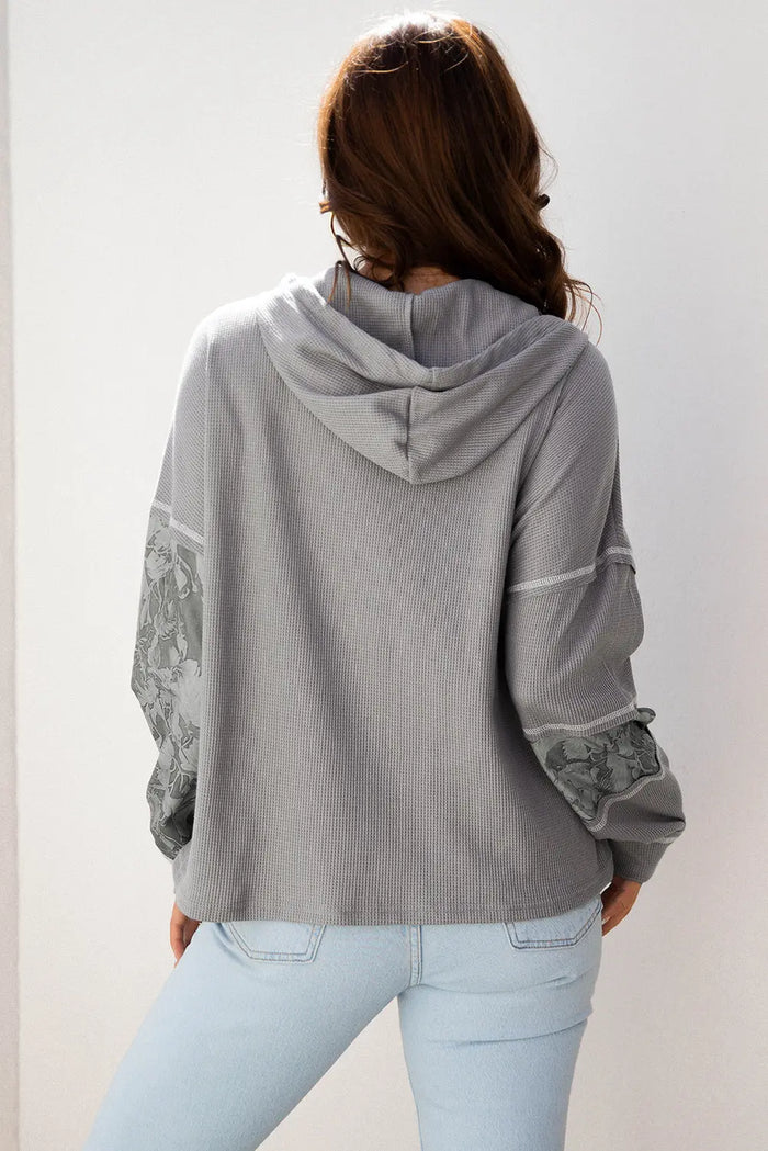 Waffle Patchwork Drawstring Hooded Long Sleeve Top - Tops/Long Tops
