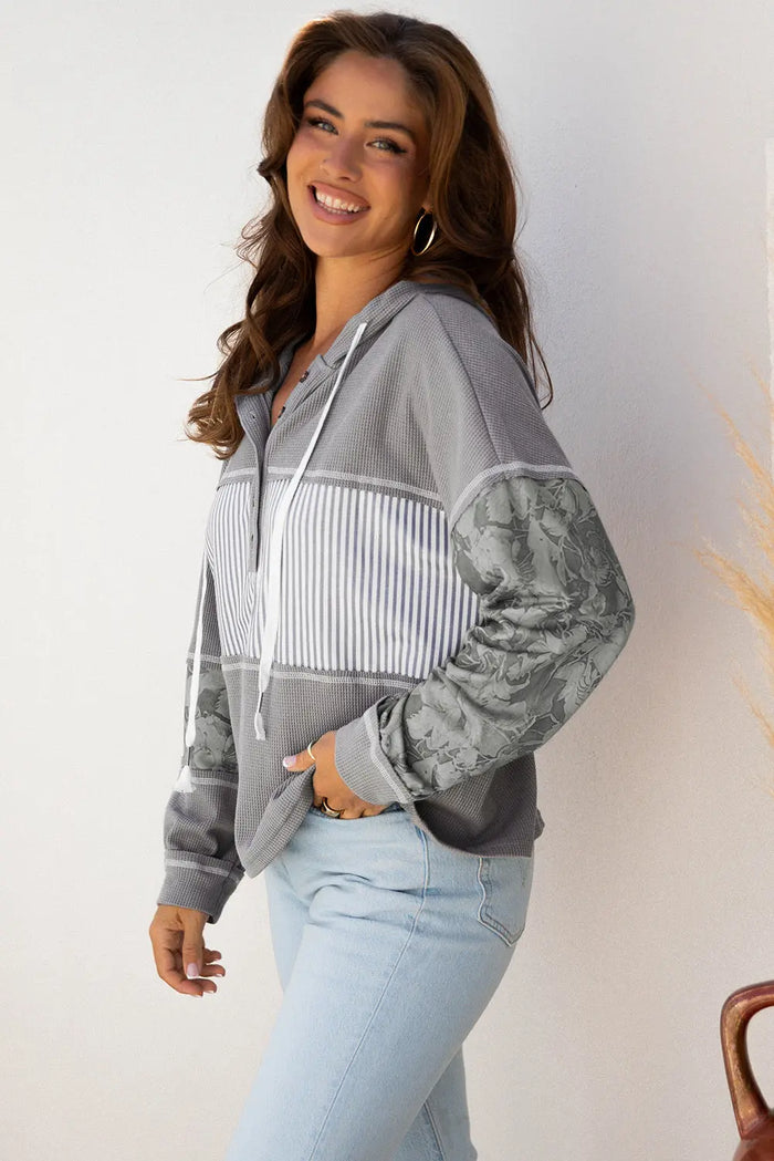 Waffle Patchwork Drawstring Hooded Long Sleeve Top - Tops/Long Tops