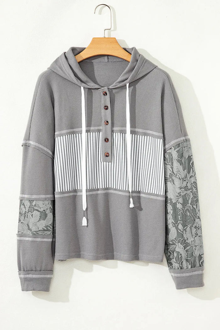 Waffle Patchwork Drawstring Hooded Long Sleeve Top - Tops/Long Tops