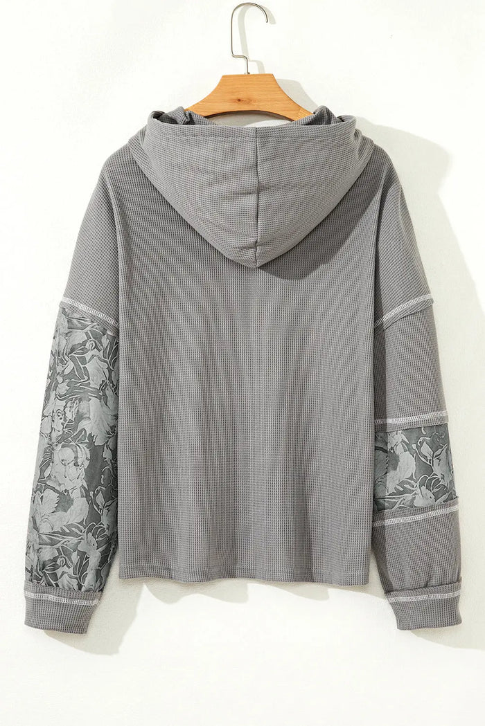 Waffle Patchwork Drawstring Hooded Long Sleeve Top - Tops/Long Tops