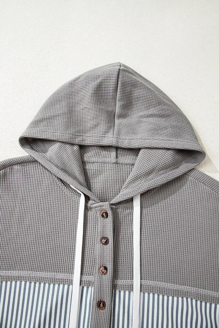 Waffle Patchwork Drawstring Hooded Long Sleeve Top - Tops/Long Tops