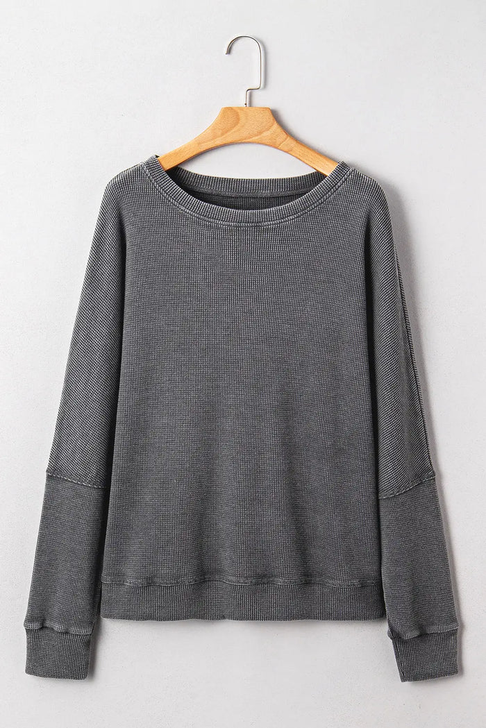 Waffle Textured Long Sleeve Loose Top - Tops/Long Tops