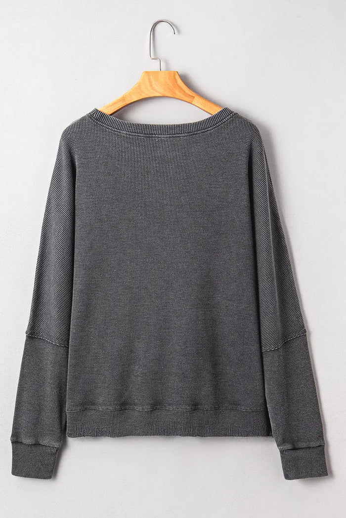 Waffle Textured Long Sleeve Loose Top - Tops/Long Tops
