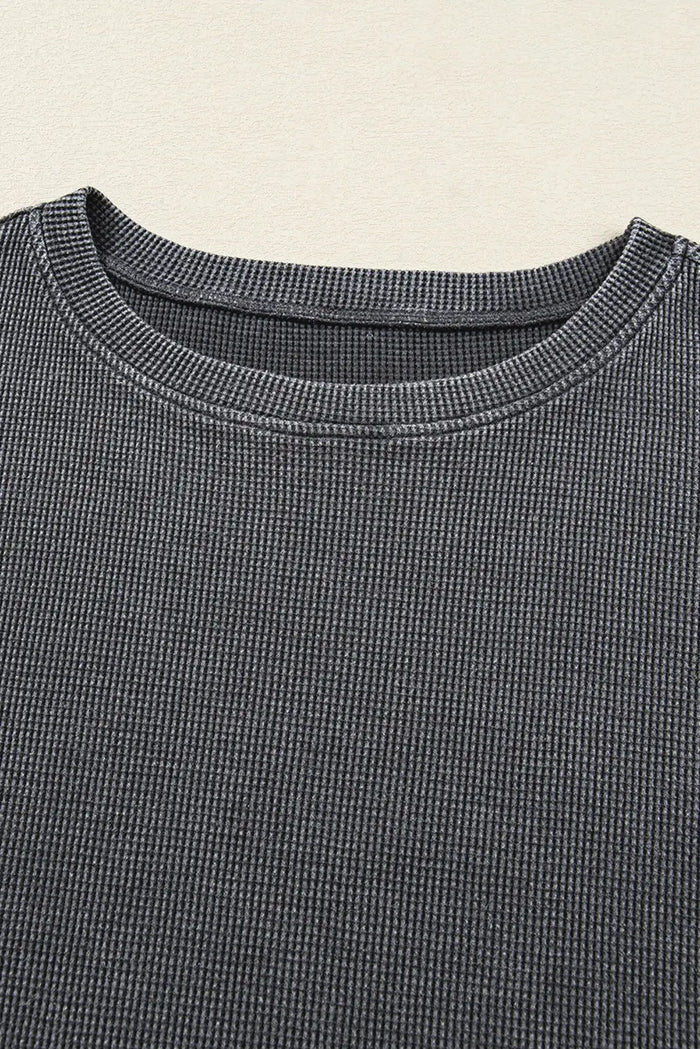 Waffle Textured Long Sleeve Loose Top - Tops/Long Tops