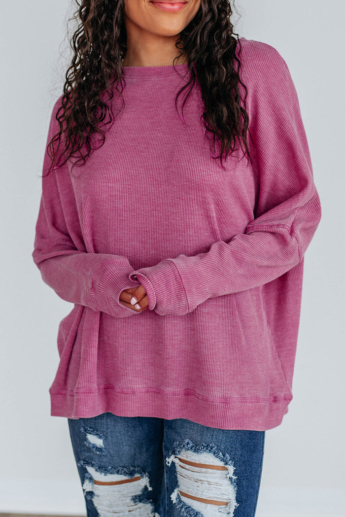 Waffle Textured Long Sleeve Loose Top - Pink / S - Tops/Long Tops
