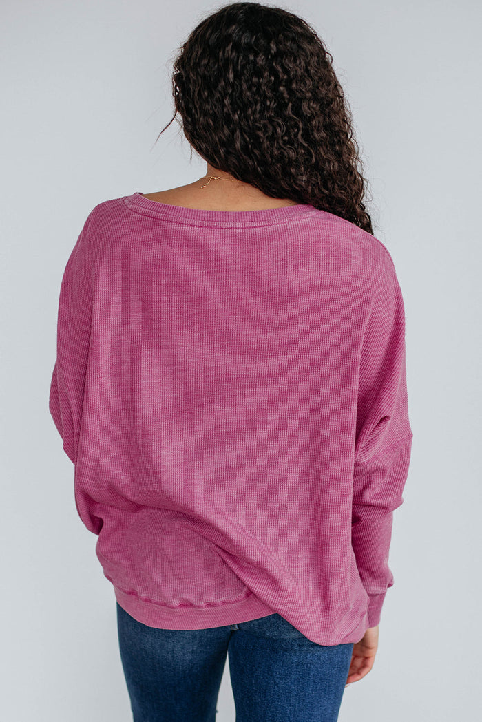 Waffle Textured Long Sleeve Loose Top - Tops/Long Tops