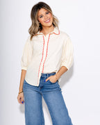 Wavy Trim Delight Button Up Top in Cream