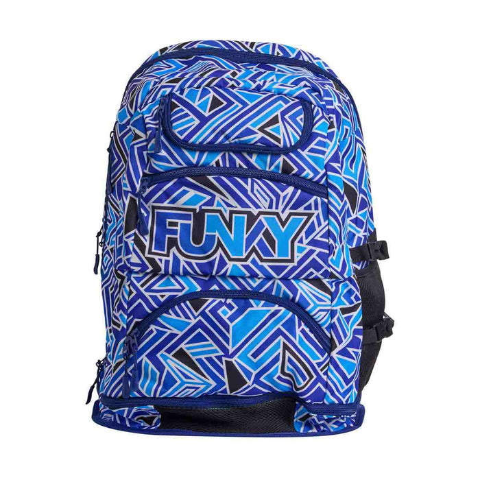 Way Funky Blue Bits Elite Squad Backpack featuring multiple compartments and adjustable straps in vibrant blue.
