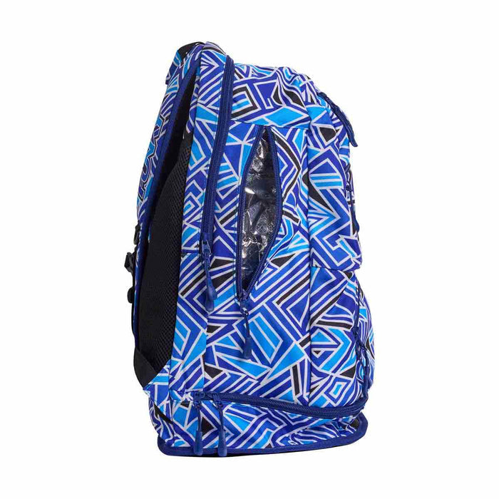 Blue Way Funky Bits Elite Squad backpack showing front view with adjustable straps and multiple compartments.