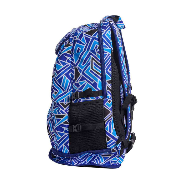 Way Funky Blue Bits Elite Squad backpack showing front view with blue design and adjustable straps.