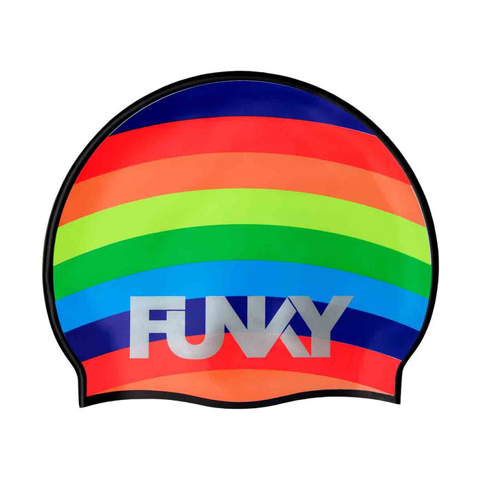Way Funky Rainbowie swim cap in vibrant rainbow colors, made of stretchy material, designed for comfortable swimming.