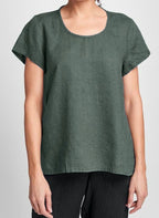 Weightless Tee, shown in Petrol, size Small.  Paired with the Pocketed Ankle Pant, in Black or Black Handkerchief.