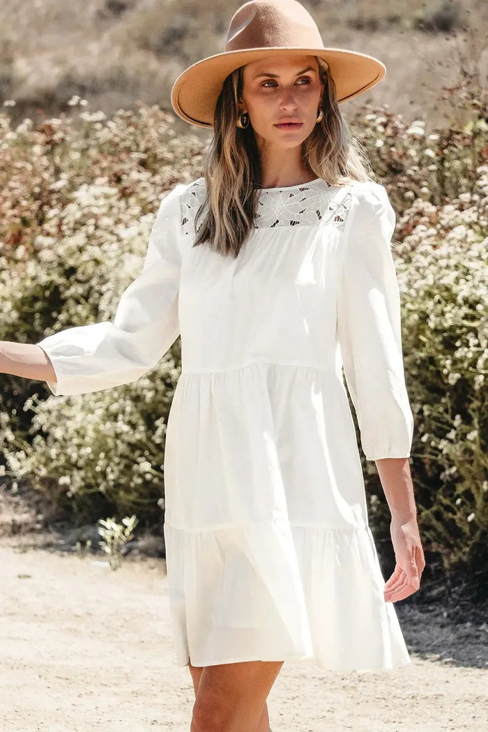 White Floral Lace Patchwork Bracelet Sleeve Tiered Mini Dress - WHITE / S / 50% COTTON + 50% LYOCELL - Dresses/Mini