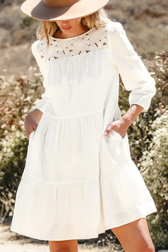 White Floral Lace Patchwork Bracelet Sleeve Tiered Mini Dress - Dresses/Mini Dresses