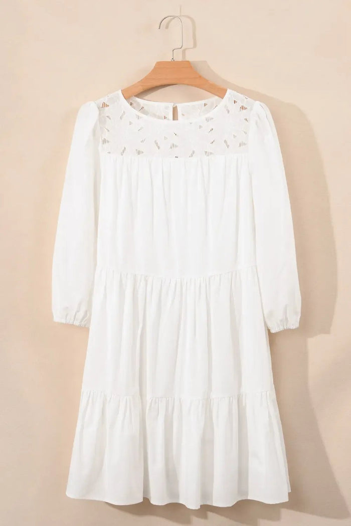 White Floral Lace Patchwork Bracelet Sleeve Tiered Mini Dress - Dresses/Mini Dresses