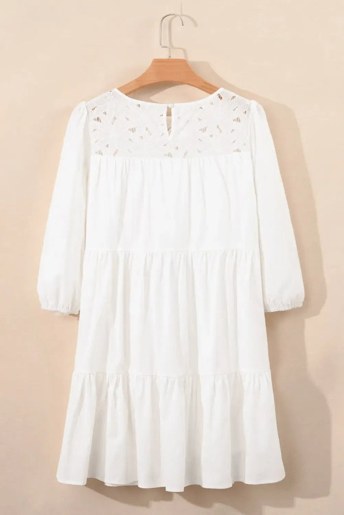 White Floral Lace Patchwork Bracelet Sleeve Tiered Mini Dress - Dresses/Mini Dresses