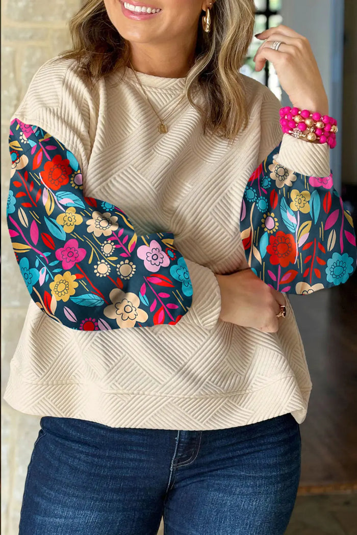 White Floral Patchwork Sleeve Textured Plus Size Pullover Top - WHITE / 1X / 97% POLYESTER + 3% ELASTANE - Size/Plus