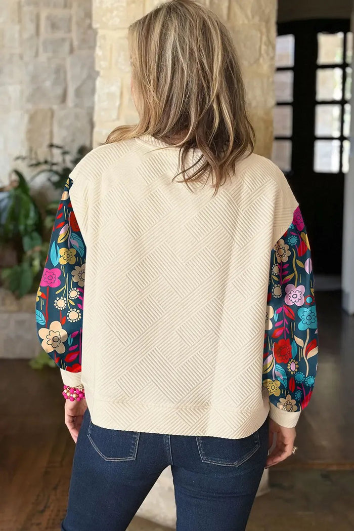 White Floral Patchwork Sleeve Textured Plus Size Pullover Top - Size/Plus Sweatshirts & Hoodies