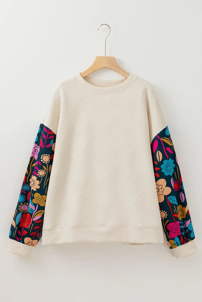 White Floral Patchwork Sleeve Textured Plus Size Pullover Top - Size/Plus Sweatshirts & Hoodies
