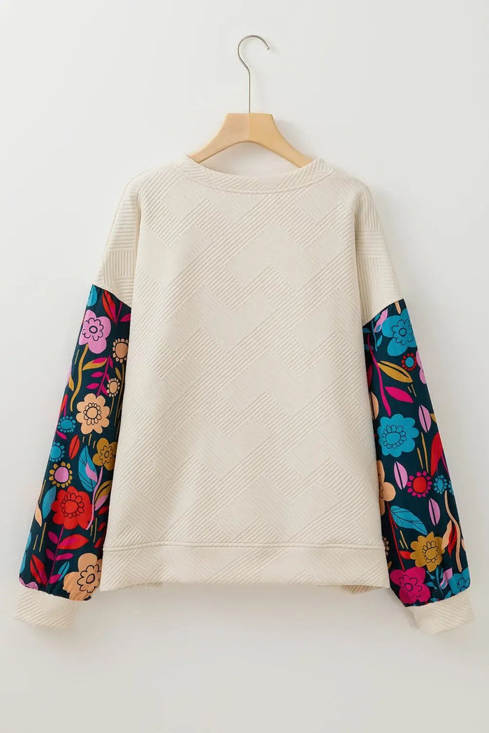 White Floral Patchwork Sleeve Textured Plus Size Pullover Top - Size/Plus Sweatshirts & Hoodies