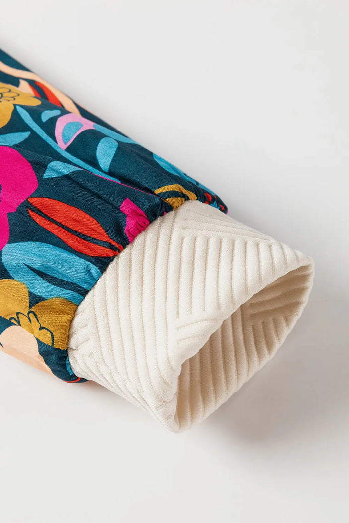 White Floral Patchwork Sleeve Textured Plus Size Pullover Top - Size/Plus Sweatshirts & Hoodies