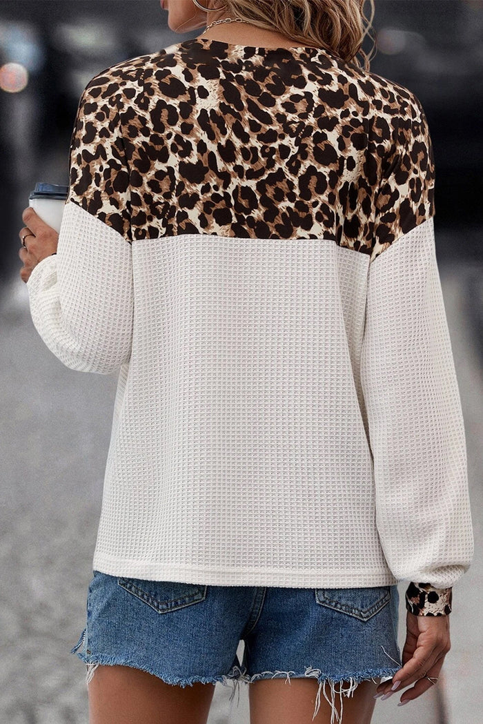 White Leopard Waffle Knit Patchwork Button V Neck Top - Tops/Long Sleeve Tops