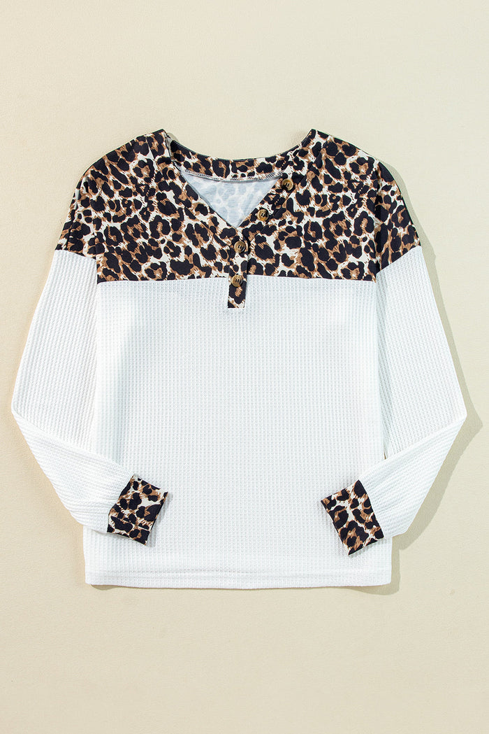 White Leopard Waffle Knit Patchwork Button V Neck Top - Tops/Long Sleeve Tops