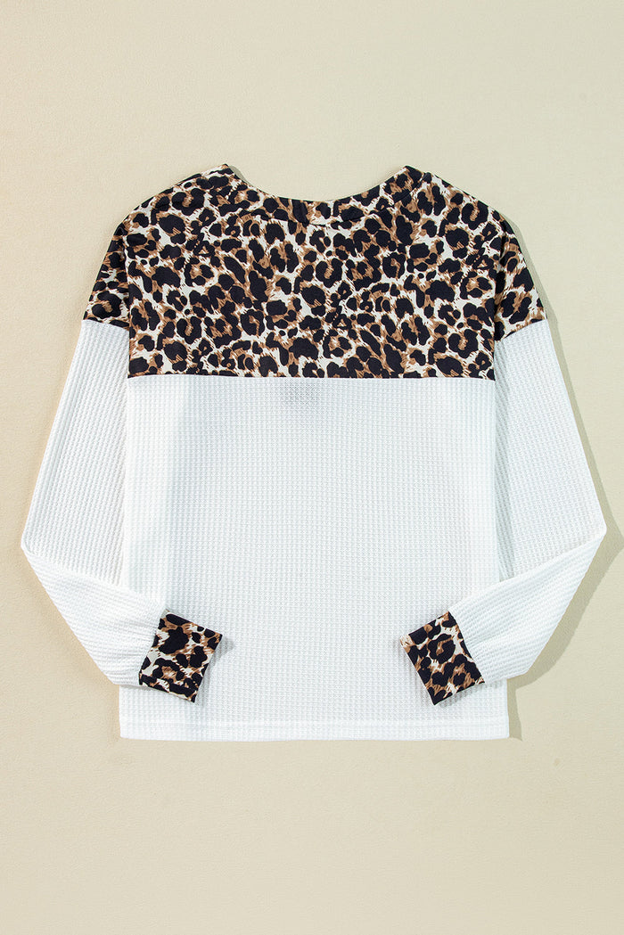 White Leopard Waffle Knit Patchwork Button V Neck Top - Tops/Long Sleeve Tops