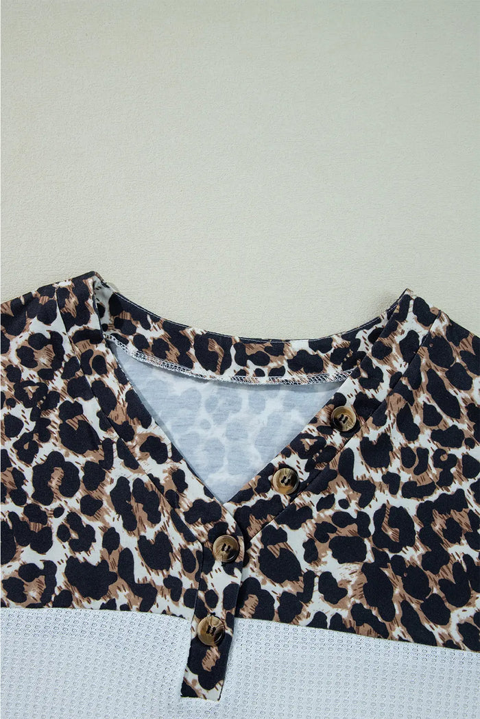 White Leopard Waffle Knit Patchwork Button V Neck Top - Tops/Long Sleeve Tops
