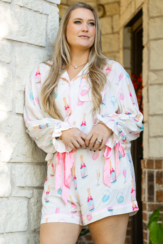 White Plus Size Wine Glass Print Bow Knot Pyjama Set - WHITE / 1X / 100% VISCOSE - Size/Plus Loungewear
