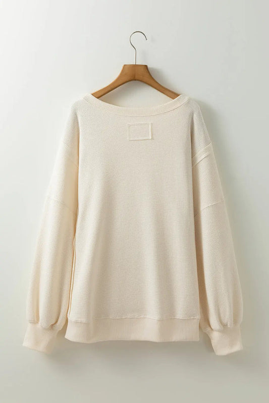 White Solid Colour Waffle Knit Drop Shoulder Plus Size Sweatshirt - WHITE / 1X / 60% COTTON + 40% POLYESTER - Size/Plus