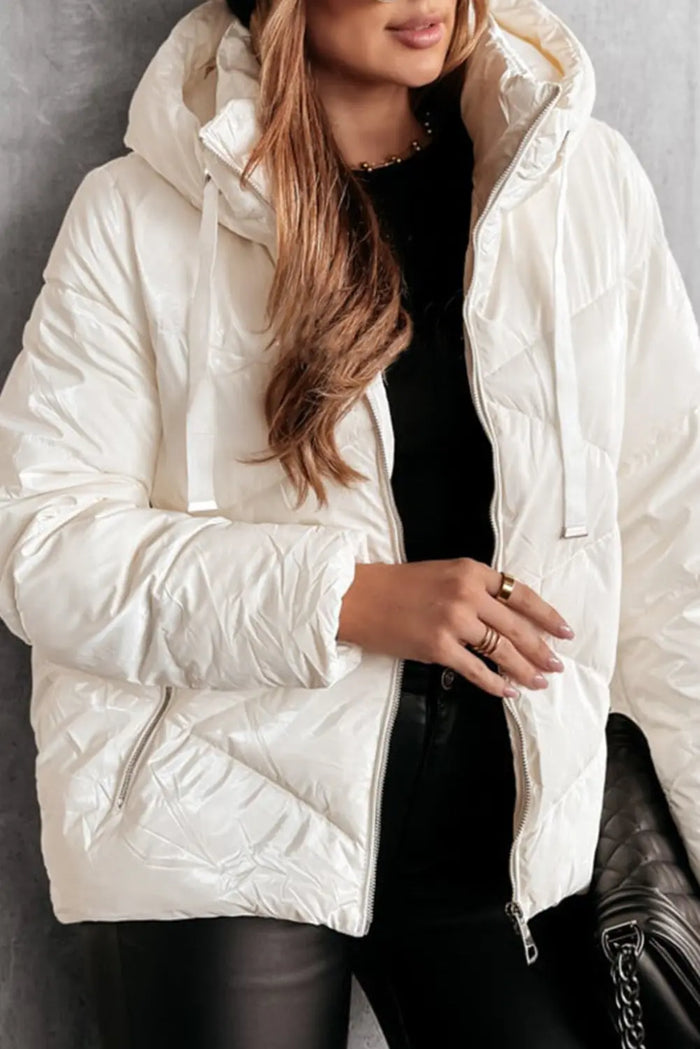White Solid Quilted Hooded Zip Up Puffer Jackets - WHITE / S / 100% POLYAMIDE - Outerwear/Coats