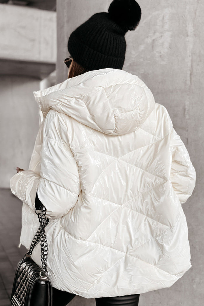 White Solid Quilted Hooded Zip Up Puffer Jackets - Outerwear/Coats