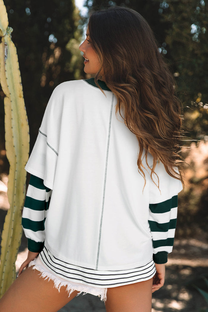 White Stripe Colourblock Sleeve Exposed Seam Fake-2-Piece Sweatshirt - Tops/Sweatshirts & Hoodies
